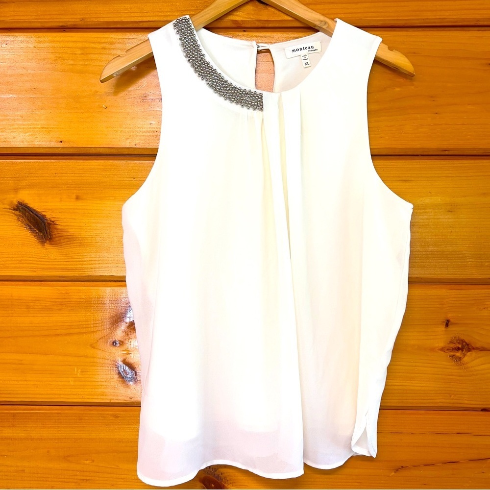 Monteau Beaded Sleeveless Embellished Lined  Ivory Lined Blouse XL